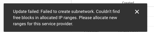 Image of the error we received in GCloud Console